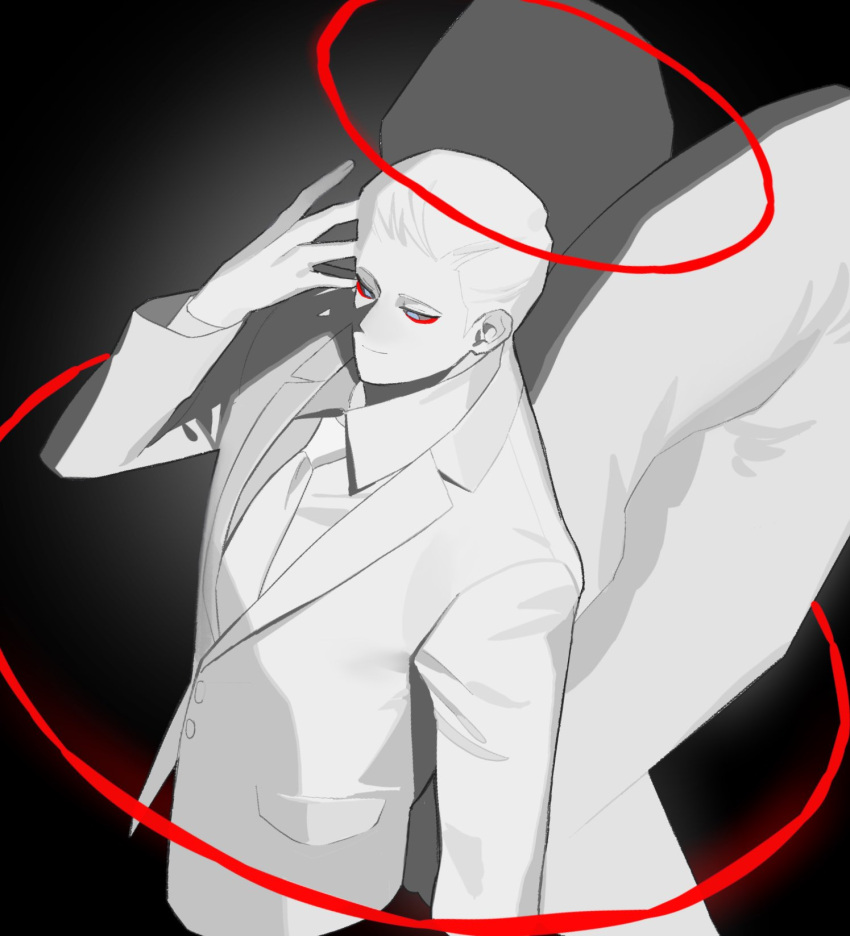 1boy angel angel_wings arm_up black_background blue_eyes closed_mouth coat collared_jacket collared_shirt colored_sclera colored_skin feathered_wings gradient_background grey_sclera halo highres jacket korean_commentary long_sleeves male_focus necktie original red_halo sasi_mozzi1 shirt short_hair simple_background smile solo standing upper_body very_short_hair white_coat white_hair white_jacket white_necktie white_shirt white_skin wings
