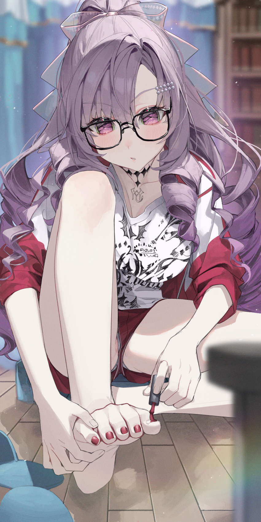 1girl :o absurdres barefoot black-framed_eyewear blush bow breast_press breasts chest_tattoo drill_hair feet g5_(g5_gugu) glasses grey_panties hair_bow hair_ornament hairclip highres hyakumantenbara_salome hyakumantenbara_salome_(2nd_costume) indoors jacket large_breasts long_hair long_sleeves nail_polish nijisanji no_pupils official_alternate_costume on_floor painting_nails panties pantyshot parted_bangs pedicure pink_bow ponytail print_shirt purple_eyes purple_hair red_jacket red_nails red_shorts red_track_suit scorpion_tattoo shirt short_shorts shorts sitting sleeves_pushed_up slippers solo tattoo toenail_polish toenails track_jacket transparent_bow underwear very_long_hair virtual_youtuber white_shirt