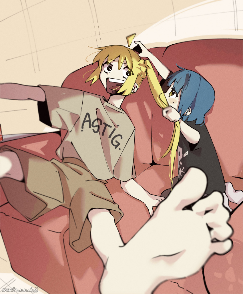 absurdres aged_down ahoge barefoot blonde_hair blue_hair bocchi_the_rock! child couch detached_ahoge english_text grabbing_another's_hair highres ijichi_nijika long_hair machuuu68 medium_hair on_couch side_ponytail yamada_ryo yellow_eyes