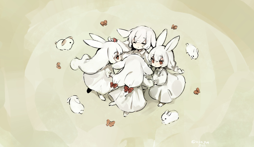 4girls :&lt; animal animal_ears animal_feet bow braid bug butterfly commentary_request dancing dress expressionless hair_between_eyes hair_bow highres long_dress long_hair long_sleeves looking_at_another lop_rabbit_ears low_twintails multiple_girls no_shoes original personification puffy_long_sleeves puffy_sleeves rabbit rabbit_ears rabbit_girl red_bow red_butterfly red_eyes shirokujira short_hair_with_long_locks sidelocks signature simple_background twin_braids twintails twitter_username white_dress white_hair
