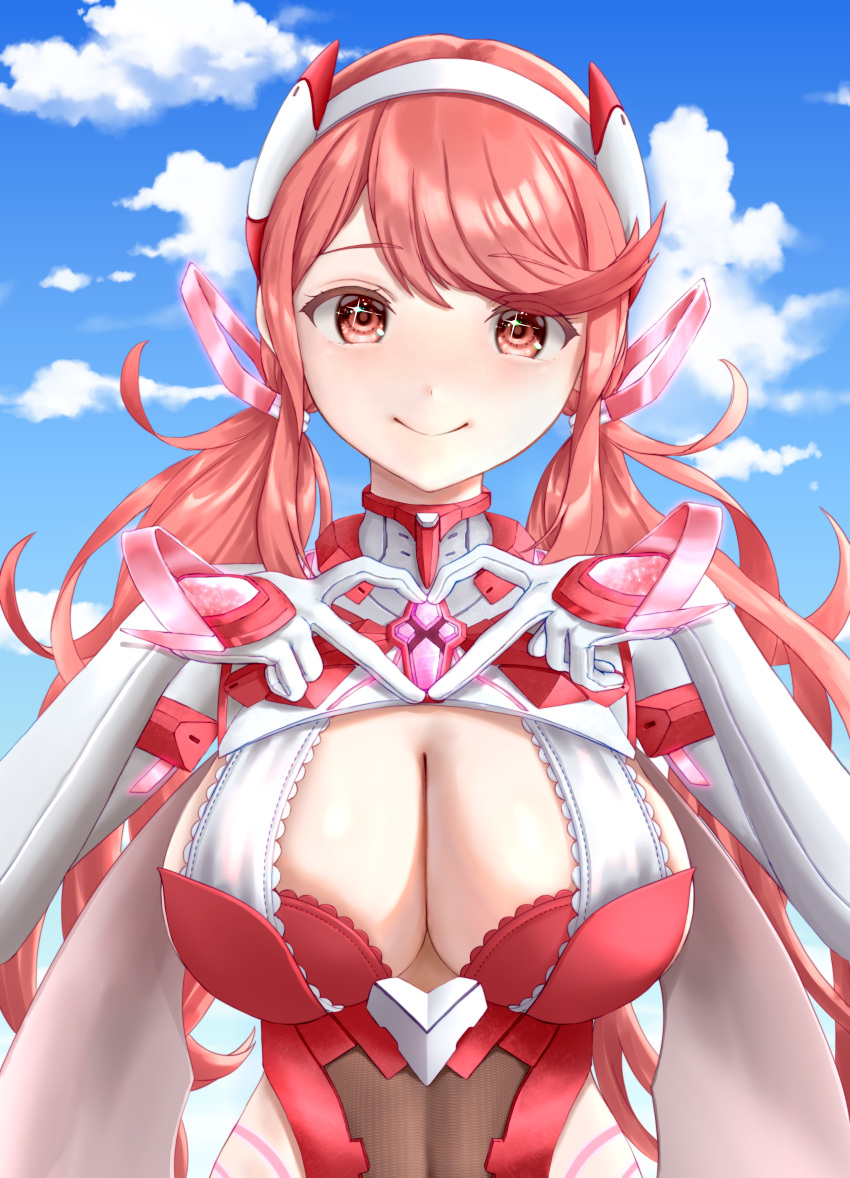 1girl absurdres alternate_hairstyle breasts chest_jewel cleavage cleavage_cutout clothing_cutout eilier_project gloves headpiece heart heart_hands highres large_breasts long_hair looking_at_viewer pink_hair prototype_design pyra_(xenoblade) pyra_(xenoblade)_(prototype) red_eyes red_hair smile solo swept_bangs tiara twintails very_long_hair white_gloves xenoblade_chronicles_(series) xenoblade_chronicles_2