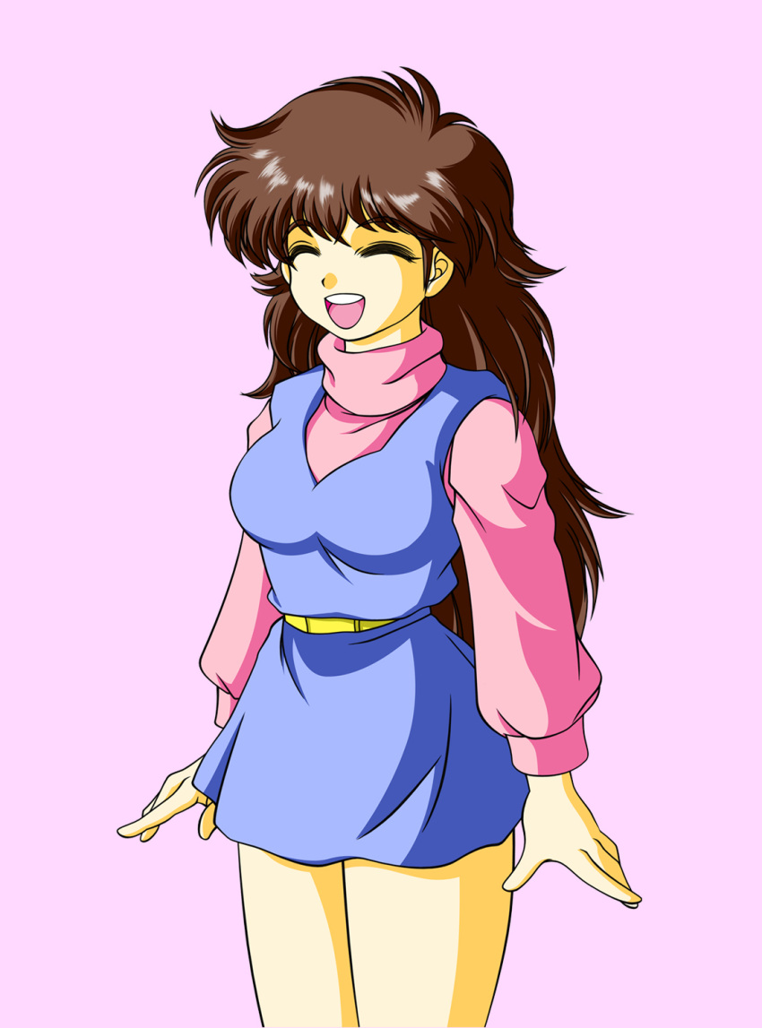 1girl ^_^ belt blue_dress brown_hair closed_eyes dev_(gpd) dress facing_to_the_side highres kanda_momo long_hair open_mouth pink_background pink_sweater short_dress simple_background smile solo standing sweater teeth turtleneck turtleneck_sweater upper_teeth_only wonder_momo yellow_belt