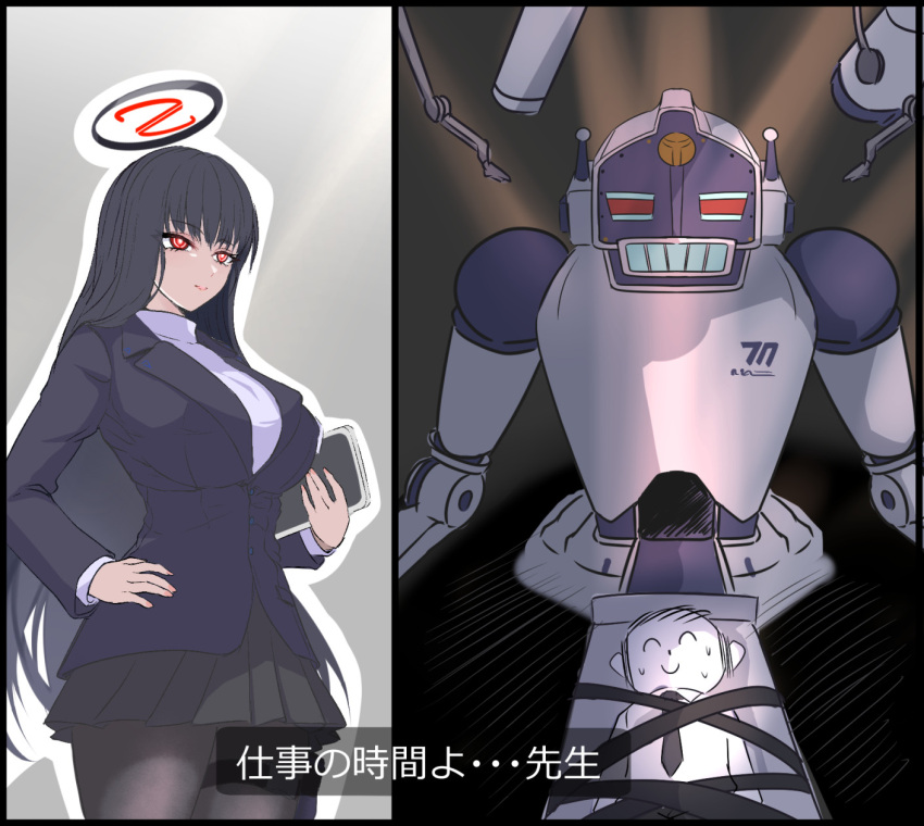 1boy 1girl avant_garde_(blue_archive) black_hair black_halo black_necktie black_pantyhose black_skirt blue_archive blunt_bangs breasts closed_mouth colored_skin commentary_request cowboy_shot doodle_sensei_(blue_archive) halo hand_on_own_hip highres holding holding_tablet_pc large_breasts long_hair medium_bangs miniskirt necktie pantyhose pleated_skirt red_eyes restrained rio_(blue_archive) robot sensei_(blue_archive) shiro_beer short_hair skirt smile subtitled sweater tablet_pc translation_request turtleneck turtleneck_sweater white_skin white_sweater
