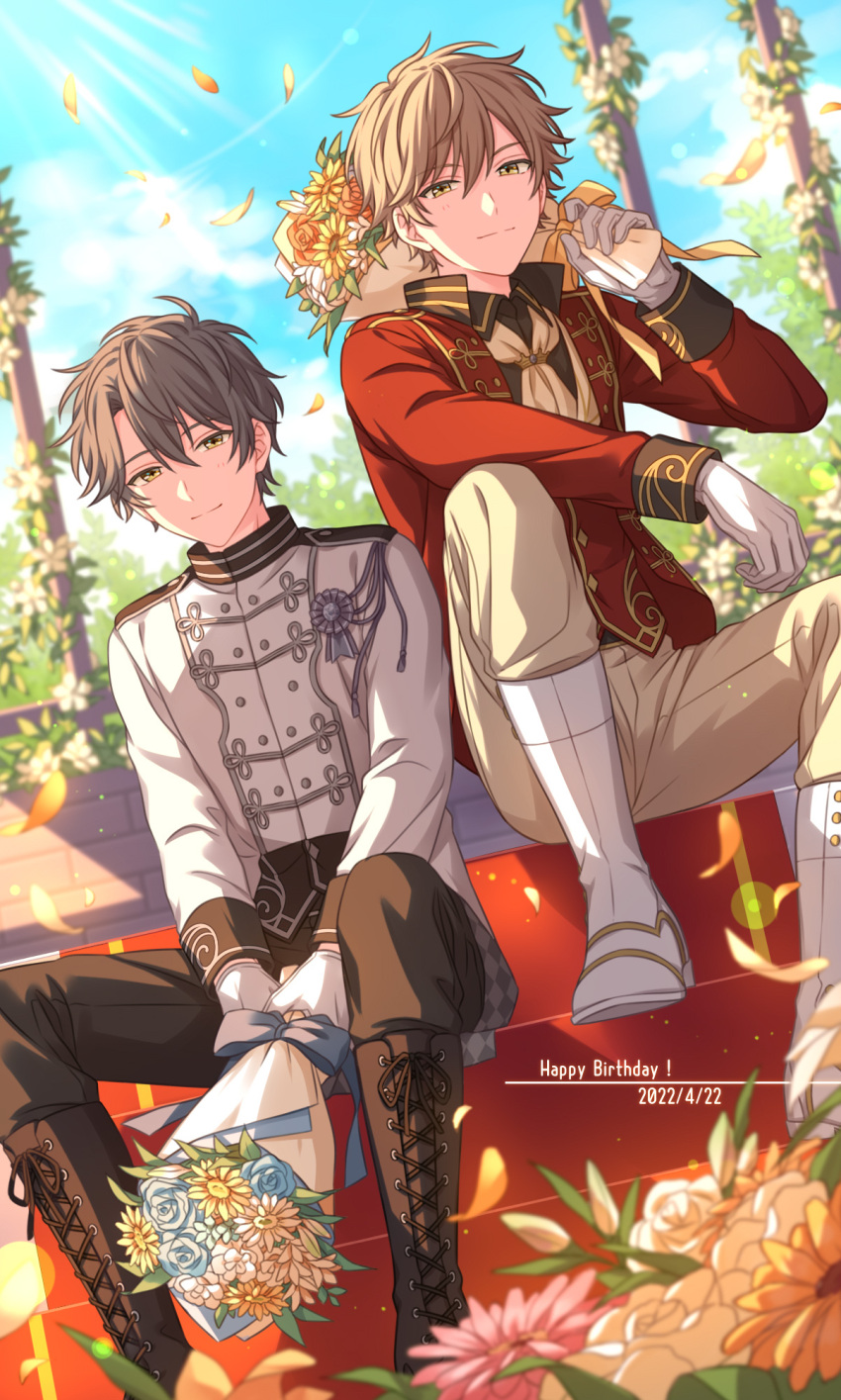2boys ascot blue_flower blue_sky boots bouquet brick_wall brothers brown_eyes brown_footwear brown_hair brown_pants commentary_request dated flower full_body gloves happy_birthday highres holding holding_bouquet kisaki_chihiro kisaki_hotaru knees_up long_sleeves male_focus multiple_boys on_air! outdoors pants petals pink_flower red_shirt sekina shirt siblings sitting sky smile spread_legs thigh_boots twins white_flower white_footwear white_gloves white_shirt yellow_ascot yellow_flower yellow_pants