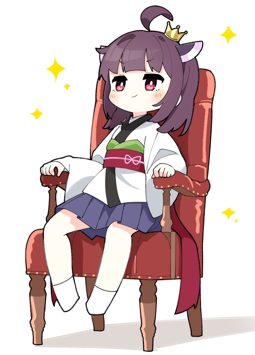 1girl ahoge armchair blue_skirt blush bright_pupils chair chibi closed_mouth crown headgear highres japanese_clothes kimono konori_(ahurerukuiizi) long_sleeves looking_ahead medium_hair mini_crown no_shoes obi obiage obijime on_chair pleated_skirt purple_hair red_eyes sash short_kimono simple_background sitting skirt smirk socks solo sparkle touhoku_kiritan twintails v-shaped_eyebrows voiceroid white_kimono white_pupils white_socks wide_sleeves