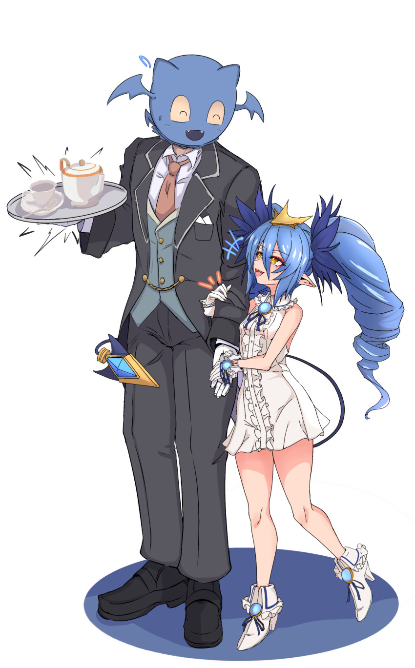 +++ 1boy 1girl arm_hug black_footwear black_jacket blazer blue_hair blue_ribbon blush bombergirl breasts brown_necktie buttons center_frills commentary_request cup demon_tail dress drill_hair frills full_body gloves grey_pants grey_vest hair_between_eyes height_difference high_heels highres jacket lewisia_aquablue long_bangs long_hair looking_at_another neck_ribbon necktie open_mouth pants pointy_ears ribbon saucer shiro_beer shoes short_dress simple_background sleeveless sleeveless_dress small_breasts smile spoon standing suit tail teacup teapot tray twin_drills vest white_background white_dress white_footwear white_gloves yellow_eyes