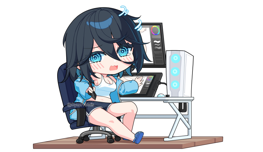 1girl @_@ absurdres black_hair black_shorts blue_eyes blue_footwear blue_jacket blush breasts camisole chair chibi cleavage commentary computer crocs drawing_tablet hair_between_eyes highres holding holding_stylus jacket long_sleeves looking_at_viewer midriff monitor mouse_(computer) navel office_chair on_chair open_mouth original rynzfrancis short_hair shorts sideboob sidelocks sitting solo stylus swivel_chair tearing_up twitter_username wavy_mouth white_camisole