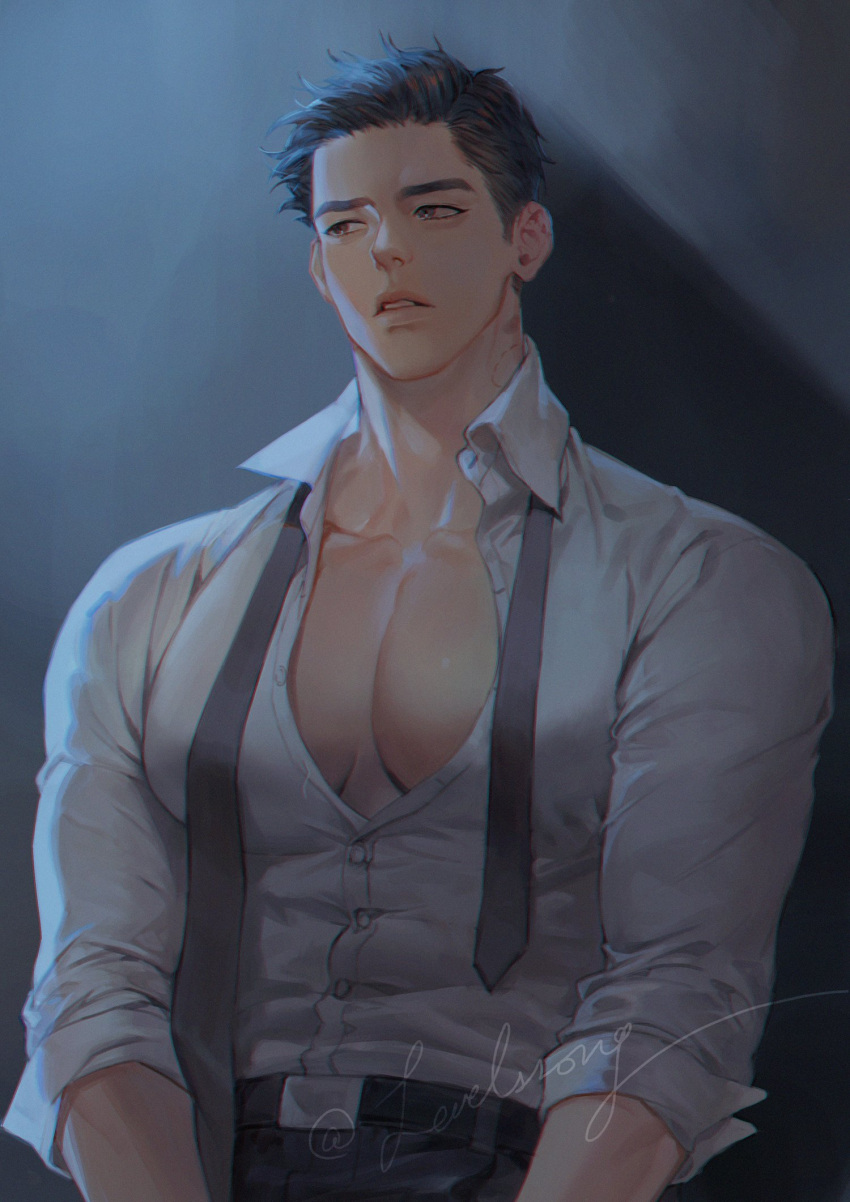 1boy bara belt black_belt black_hair black_pants collared_shirt highres large_pectorals male_focus muscular muscular_male necktie original pants parted_lips partially_unbuttoned pectorals shirt short_hair simple_background solo ssong-ga twitter_username undone_necktie upper_body white_shirt