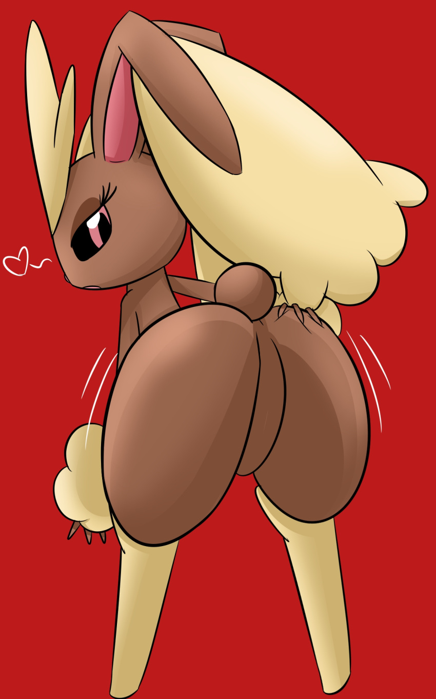 &lt;3 anthro bestponies big_butt black_eyes brown_body brown_fur butt eyelashes female fluffy_ears fur generation_4_pokemon hi_res lagomorph leporid lopunny mammal mooning nintendo pink_eyes pink_pupils pokemon pokemon_(species) pupils rabbit red_background simple_background solo tail tan_body tan_fur unimpressed