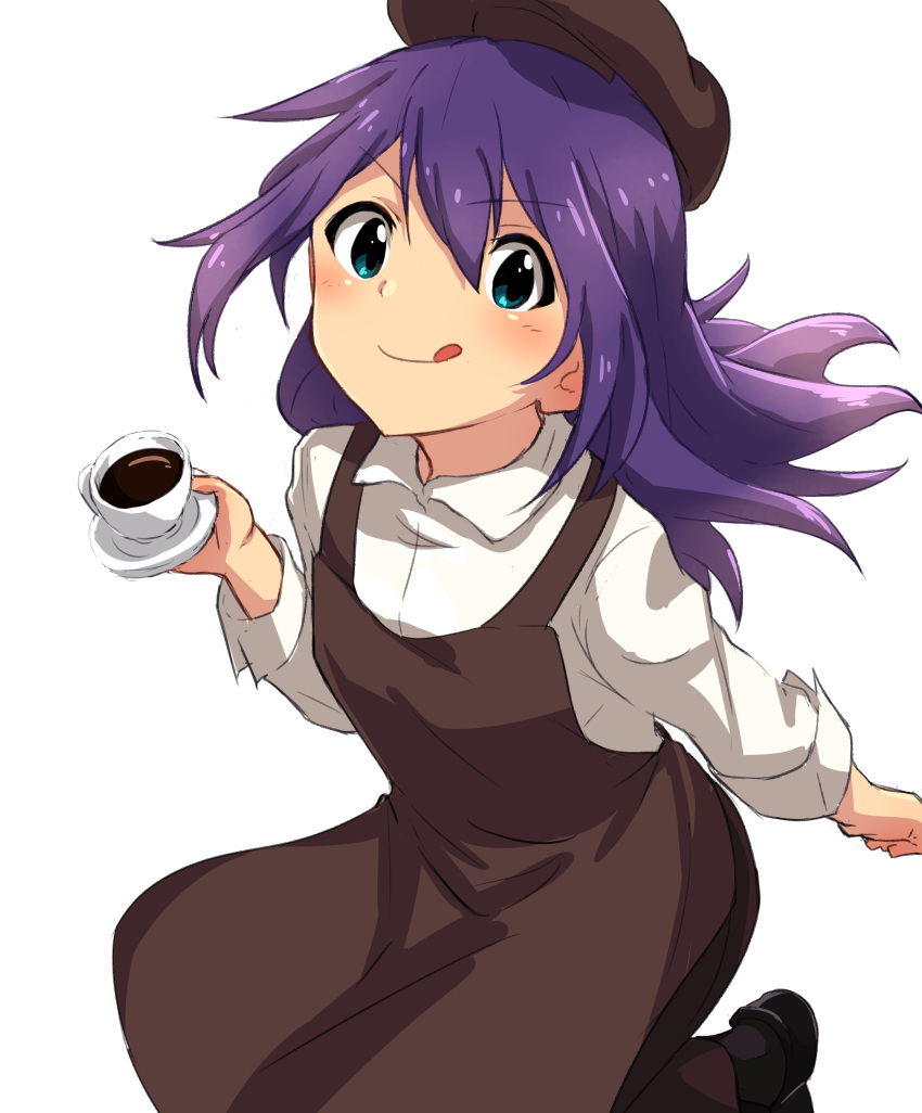 1girl absurdres apron black_footwear blush breasts brown_apron brown_headwear brown_skirt coffee coffee_cup cup disposable_cup green_eyes hair_between_eyes hat highres holding holding_cup idolmaster idolmaster_million_live! idolmaster_million_live!_theater_days long_hair long_sleeves looking_at_viewer mochizuki_anna moyashi_tomozuku purple_hair shirt shoes simple_background skirt small_breasts smile solo tongue tongue_out tray v-shaped_eyebrows white_background white_shirt
