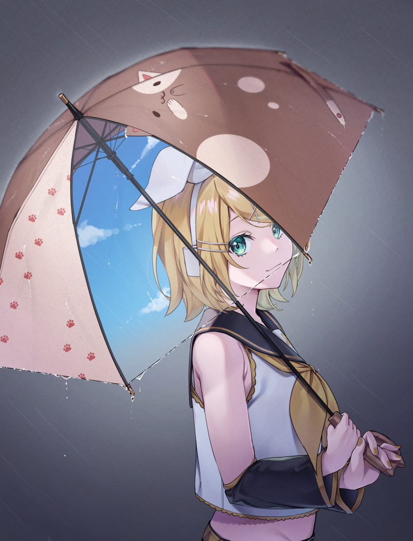 1girl :3 absurdres animal_print aqua_eyes arm_warmers bare_shoulders belt black_sailor_collar blonde_hair blue_sky bow brown_umbrella cat_print closed_mouth cloud cropped_shirt from_side green_eyes grey_background hair_bow hair_ornament hairclip headphones highres holding holding_umbrella inu8neko kagamine_rin looking_at_viewer looking_to_the_side midriff nail_polish neckerchief paw_print print_umbrella rain sailor_collar shirt short_hair simple_background sky smile solo swept_bangs umbrella upper_body vocaloid water white_shirt yellow_nails yellow_neckerchief