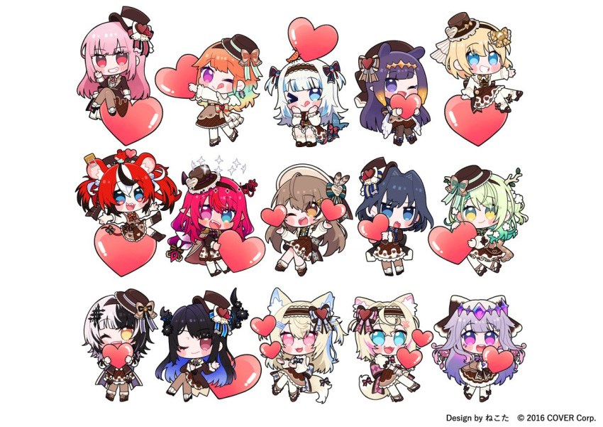 &gt;_o 6+girls :d :o ;q ahoge alternate_costume animal_ear_fluff animal_ears artist_name back_bow bare_shoulders black_bow black_hair black_hairband blonde_hair blue_eyes blue_hair bow bow_earrings brown_bow brown_coat brown_dress brown_eyes brown_hair brown_headwear brown_skirt ceres_fauna chibi clothing_cutout coat colored_inner_hair copyright_notice dice_earrings dog_ears dog_girl dog_tail dress earrings everyone fangs fins fish_tail flower frilled_hairband frills fuwawa_abyssgard gawr_gura gradient_hair green_hair hair_flower hair_intakes hair_ornament hairband hakos_baelz hands_on_own_cheeks hands_on_own_face hat hat_bow hat_ribbon heart heterochromia holding holding_heart hololive hololive_english irys_(hololive) jewelry koseki_bijou long_hair long_sleeves mini_hat mococo_abyssgard mori_calliope mouse_ears mouse_girl mouse_tail multicolored_hair multiple_girls nanashi_mumei nekotaririn nerissa_ravencroft ninomae_ina'nis official_art one_eye_closed open_mouth orange_hair ouro_kronii pink_eyes pink_hair pointy_ears purple_eyes purple_hair red_hair ribbon shark_girl shark_tail sharp_teeth shiori_novella shirt short_hair short_sleeves short_twintails shoulder_cutout simple_background skirt smile streaked_hair striped_bow suspender_skirt suspenders tail tail_bow tail_ornament takanashi_kiara teeth tongue tongue_out twintails virtual_youtuber watson_amelia white_background white_hair white_shirt wings