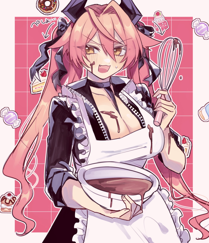 1girl absurdres apron blush bowl breasts chocolate chocolate_making cleavage frilled_apron frills goddess_of_victory:_nikke hair_between_eyes highres holding holding_whisk horns large_breasts long_hair looking_at_viewer mechanical_horns miko_(uuua12u) mixing_bowl red_hair red_hood_(nikke) sidelocks solo unzipped valentine whisk white_apron