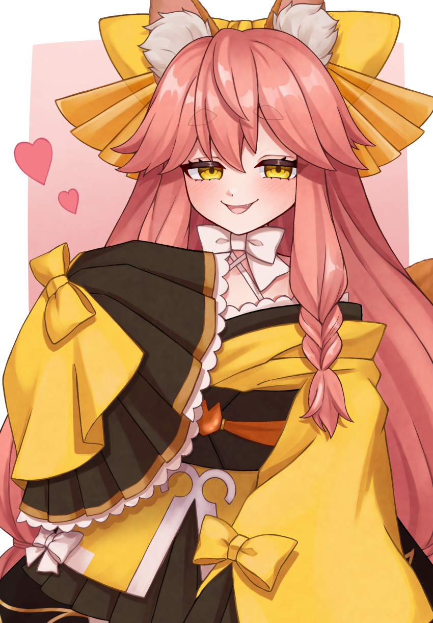 1girl absurdres animal_ear_fluff animal_ears border bow bowtie fang fate/samurai_remnant fate_(series) fox_ears hair_bow hand_on_own_chest heart highres japanese_clothes kimono long_hair looking_at_viewer noerujq obi parted_lips pink_background pink_hair sash sidelocks simple_background sleeves_past_fingers sleeves_past_wrists smile solo tamamo_(fate) tamamo_aria_(fate) upper_body white_border white_bow white_bowtie wide_sleeves yellow_bow yellow_eyes yellow_kimono