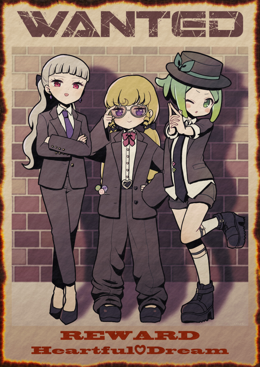 3girls adjusting_eyewear black_footwear black_headwear black_jacket black_necktie black_pants black_shorts black_suit blonde_hair blunt_bangs boots brick_wall candy closed_mouth collared_shirt commentary_request crossed_arms english_text fedora food full_body green_eyes green_hair grey_hair hand_on_own_hip hat highres idol_time_pripara jacket koda_michiru kokichi_yoko lollipop long_hair long_sleeves looking_at_viewer low_twintails miichiru_(pripara) multiple_girls necktie nijiiro_nino one_eye_closed open_mouth outstretched_arms oversized_clothes own_hands_together pants ponytail poster_(medium) pretty_series pripara purple_eyes red_eyes shirt short_hair shorts smile socks standing standing_on_one_leg suit suit_jacket sunglasses twintails wanted wavy_hair white_shirt white_socks yumekawa_yui