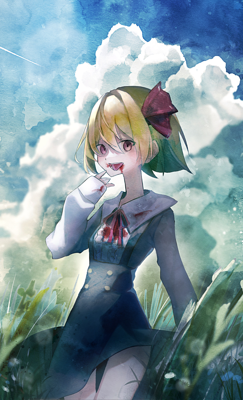 1girl absurdres blonde_hair blood blood_on_clothes blood_on_face cloud cloudy_sky commentary_request hair_ribbon highres jigsaw_paru long_sleeves looking_at_viewer neck_ribbon open_mouth outdoors red_eyes red_ribbon ribbon rumia short_hair sky smile solo tongue touhou