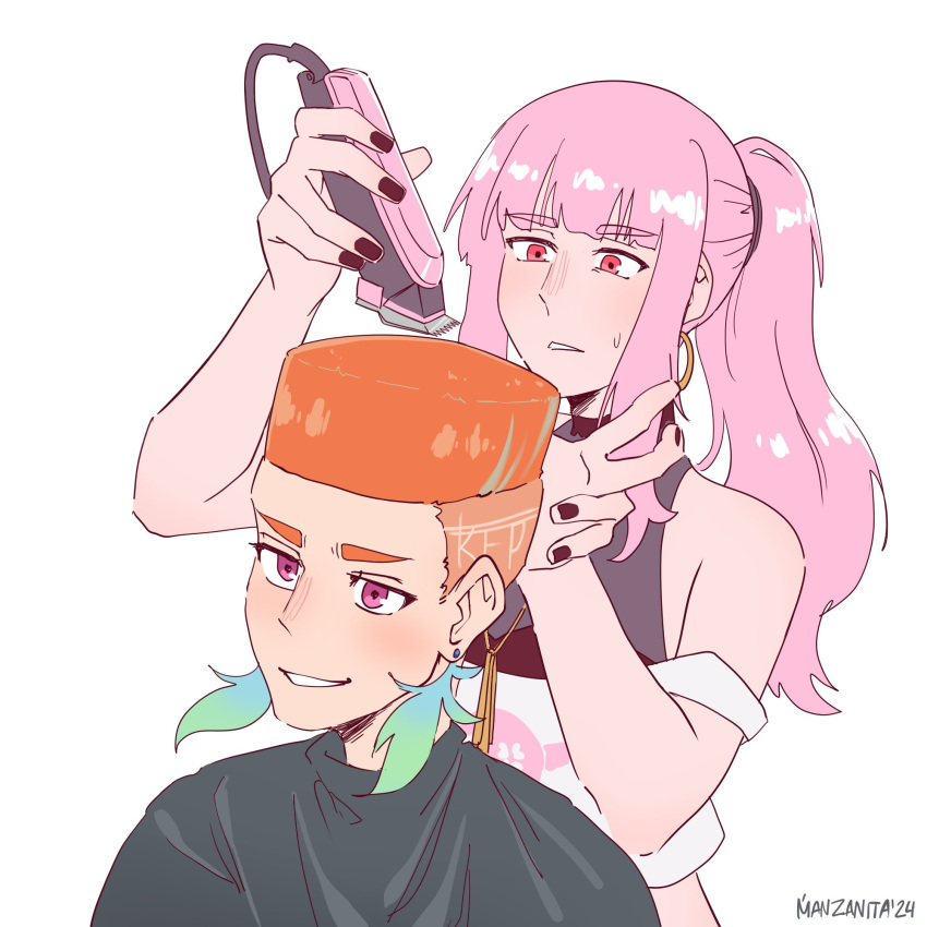 2girls alternate_costume alternate_hairstyle barber barber_cape breasts choso_(jujutsu_kaisen) choso_giving_toudou_a_haircut_(meme) crmanzana crop_top cutting_hair earrings electric_razor fade_(haircut) feather_earrings feathers fishnet_top fishnets flattop gradient_hair green_hair hair_clipper halter_shirt halterneck highres hololive hololive_english hoop_earrings jewelry jujutsu_kaisen kfp long_hair meme mori_calliope mori_calliope_(streetwear) multicolored_hair multiple_girls official_alternate_costume open_mouth orange_hair pink_hair purple_eyes simple_background skull_and_crossbones skull_print smile takanashi_kiara tall_hair toudou_aoi_(jujutsu_kaisen) virtual_youtuber wave_(hairstyle) white_background