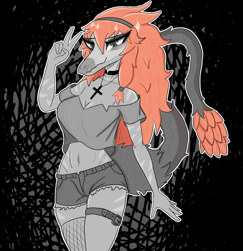 absurd_res anthro biped bottomwear breasts clothing crop_top cross crossgender dark_eyeshadow dinosaur dromaeosaurid female fishnet fishnet_legwear fur furry_tail gesture goodbye_volcano_high goth gothgator0 greyscale hair hi_res hotpants legwear looking_at_viewer monochrome neckwear orange_hair reed_(gvh) reeda reptile scalie shirt shorts slim smile solo tail theropod topwear v_sign velociraptor