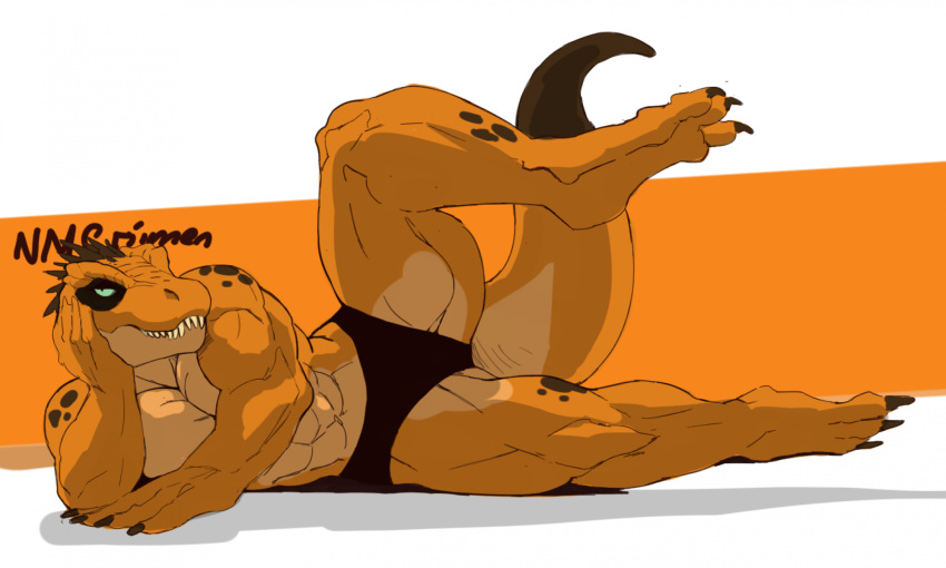 abs anthro clothing crimenes dinosaur hi_res male muscular muscular_anthro muscular_male pecs reptile scales scalie sharp_teeth solo teeth underwear