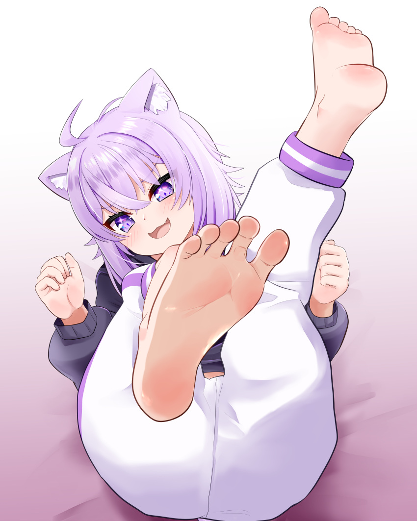 1girl :3 absurdres ahoge akabashi_yuusuke animal_ear_fluff animal_ears ass barefoot black_hoodie blush cat_ears cat_girl commentary commission feet feet_up foot_focus full_body hair_between_eyes highres hololive hood hoodie long_sleeves looking_at_viewer lying mixed-language_commentary nekomata_okayu nekomata_okayu_(1st_costume) on_back open_mouth paid_reward_available purple_eyes purple_hair short_hair simple_background skeb_commission smile soles solo toes virtual_youtuber