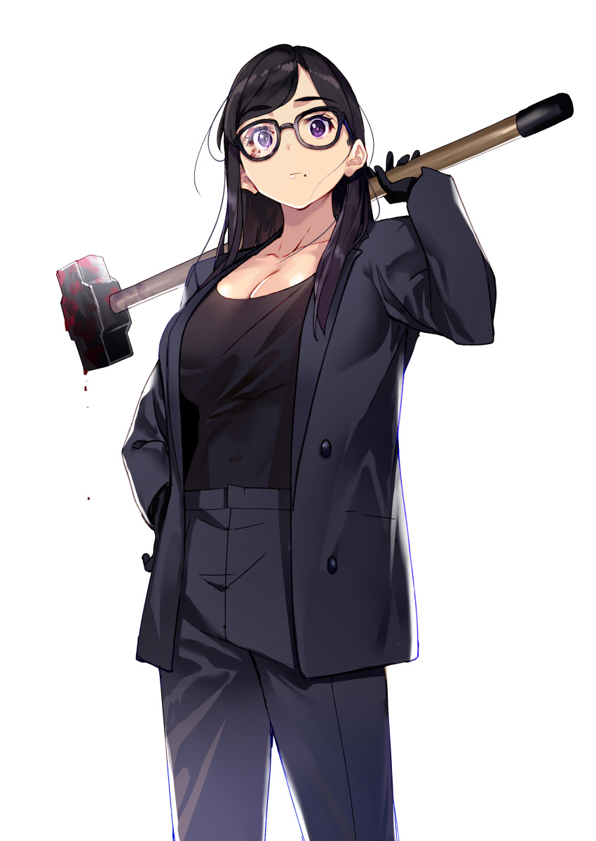 1girl absurdres black-framed_eyewear black_gloves black_hair black_jacket black_pants black_shirt blood blood_on_eyewear blood_on_weapon breasts cleavage commentary_request glasses gloves hammer hand_on_own_hip highres holding holding_hammer jacket large_breasts long_hair minakata_hizuru mole mole_under_mouth open_clothes open_jacket pants purple_eyes shirt shirt_tucked_in solo summertime_render tsukudani_(ore624) weapon
