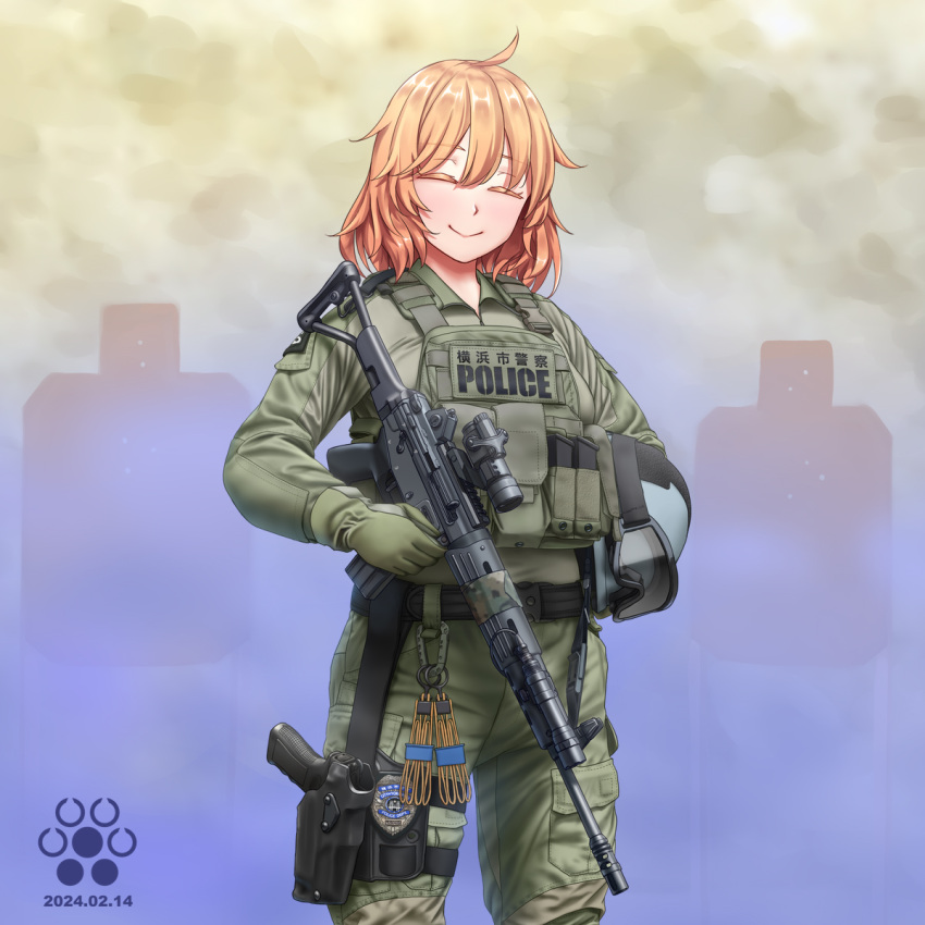 1girl assault_rifle camouflage closed_eyes daewoo_k2 dated gloves green_gloves green_jacket green_pants gun highres jacket jpc looking_at_viewer orange_hair original pants police police_uniform policewoman rifle silhouette_target smile solo uniform weapon woodland_camouflage