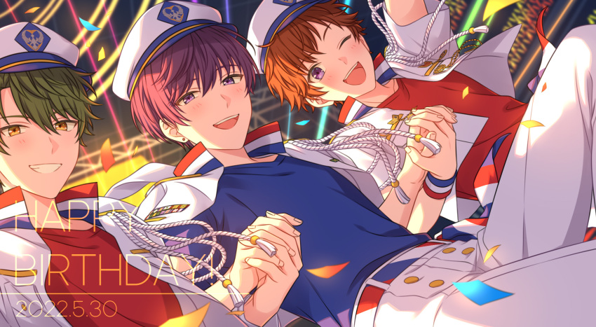 3boys armband blue_shirt blush commentary_request confetti cropped_jacket dated feet_out_of_frame glowstick green_hair grin hand_up hands_up happy_birthday hat highres holding_hands jacket kamiya_inori kojo_arata kokuyo_mamoru looking_at_viewer multiple_boys on_air! one_eye_closed open_mouth orange_hair pants penlight_(glowstick) purple_eyes purple_hair red_shirt sailor_hat sekina shirt short_hair smile stadium tassel teeth upper_body upper_teeth_only white_headwear white_jacket white_pants yellow_eyes