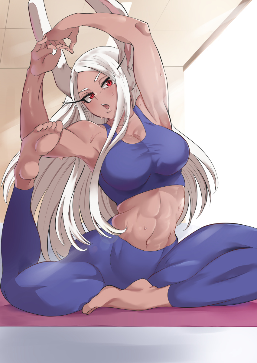 1girl abs absurdres animal_ears armpits bare_shoulders barefoot blue_pants blue_sports_bra boku_no_hero_academia breasts dark-skinned_female dark_skin exercise flexible hands_up highres large_breasts long_eyelashes looking_at_viewer mirko muscular muscular_female navel omanju25 open_mouth own_hands_together pants parted_bangs rabbit_ears rabbit_girl red_eyes solo sports_bra stomach straight_hair sweat white_hair yoga yoga_pants