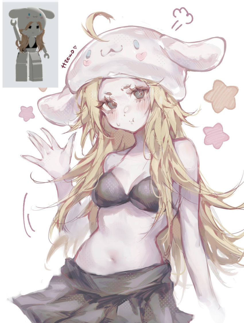 1girl artist_name avatar_(roblox) beanie black_skirt blonde_hair blue_eyes breasts cinnamoroll cleavage collarbone english_commentary glint hat head_tilt heart highres long_hair looking_at_viewer medium_breasts midriff open_hand pale_skin pout roblox skirt solo star_(symbol) sweatdrop ttzewo v-shaped_eyebrows very_long_hair white_headwear