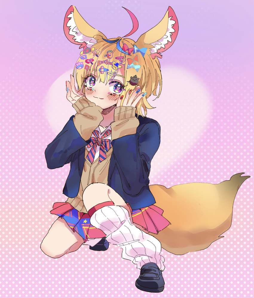1girl ahoge animal_ear_fluff animal_ears black_footwear black_jacket blonde_hair blue_bow blue_bowtie blue_hair blue_nails blue_skirt blush bow bowtie brown_cardigan cardigan closed_mouth commentary_request diagonal-striped_bow diagonal-striped_bowtie diagonal-striped_clothes fox_ears fox_girl fox_tail full_body gyaru hair_bow hair_ornament hairclip hands_on_own_face hands_up heart heart-shaped_pupils highres hololive jacket knee_up kogal loafers long_hair long_sleeves looking_at_viewer loose_socks miniskirt multicolored_bowtie multicolored_hair multicolored_nails multiple_hair_bows nail_art nail_polish official_alternate_costume official_alternate_hair_length official_alternate_hairstyle omaru_polka omaru_polka_(school_uniform) on_one_knee open_clothes open_jacket pi_(namakurichan) pink_background pink_hair pink_pupils pleated_skirt polka_dot polka_dot_background purple_eyes red_bow red_bowtie red_nails red_skirt school_uniform shoes side_ponytail simple_background skirt sleeves_past_wrists smile socks solo streaked_hair striped_clothes symbol-shaped_pupils tail very_long_hair virtual_youtuber white_socks