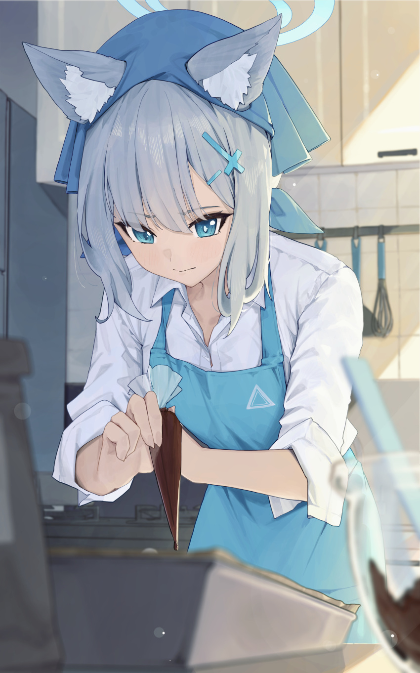 1girl absurdres animal_ear_fluff animal_ears apron blue_apron blue_archive blue_eyes blush breasts commentary_request cooking cross_hair_ornament extra_ears grey_hair hair_ornament halo highres long_hair medium_hair mismatched_pupils ningen_gokko shiroko_(blue_archive) solo wolf_ears