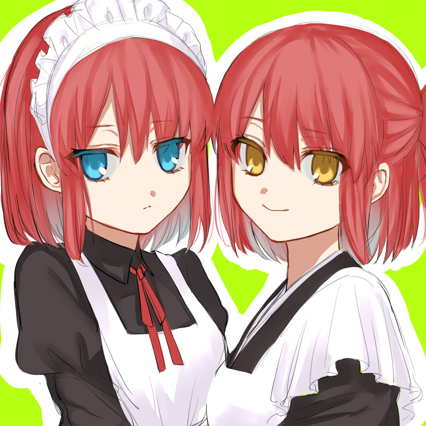 2girls apron black_dress blue_eyes closed_mouth collared_dress coyote_(moramoramorayay) dress green_background highres hisui_(tsukihime) kohaku_(tsukihime) looking_at_viewer maid maid_apron maid_headdress multiple_girls neck_ribbon outline ponytail portrait red_hair red_ribbon ribbon short_hair siblings simple_background sisters smile tsukihime twins white_outline yellow_eyes