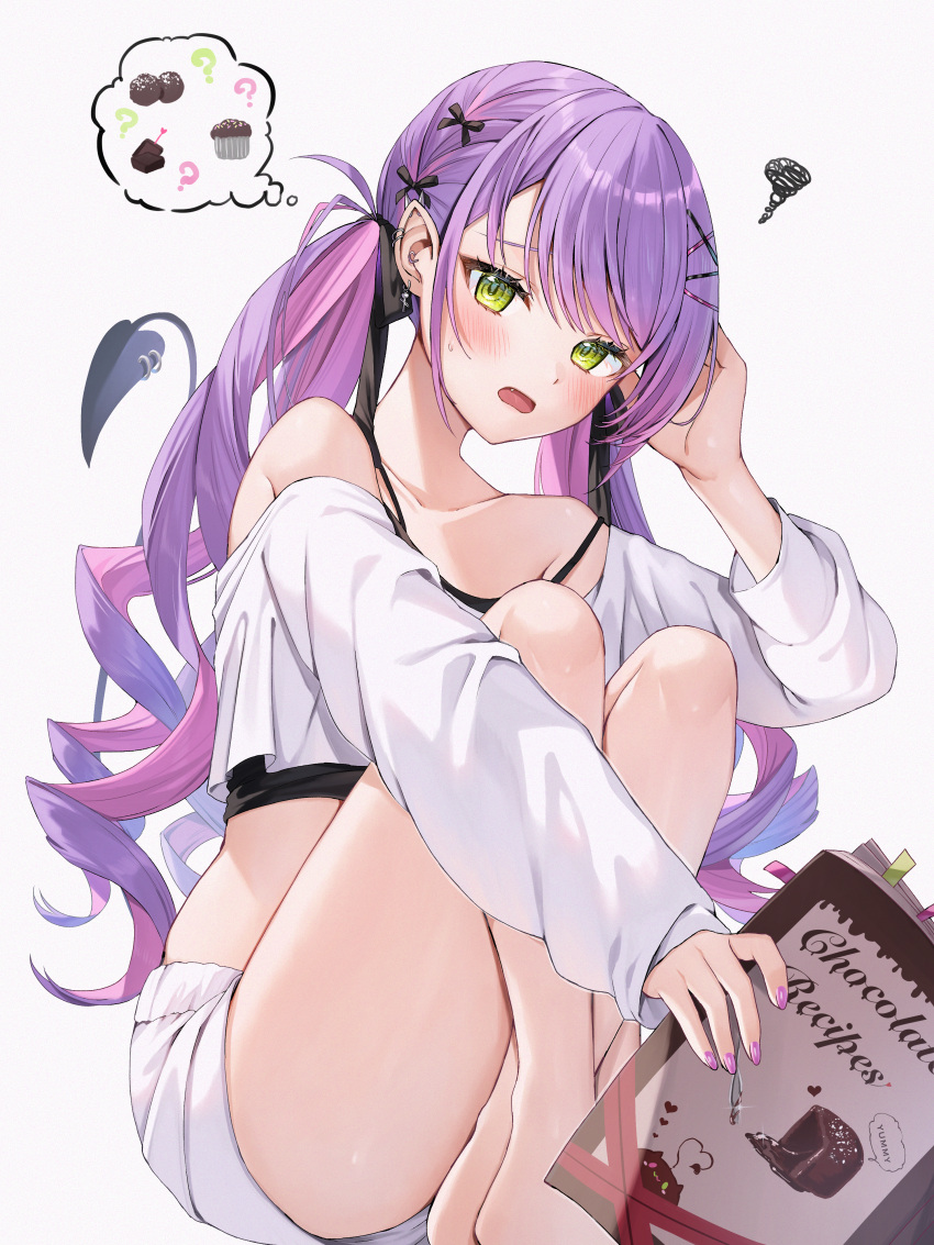 1girl absurdres blush breasts colored_inner_hair demon_tail ear_piercing fang green_eyes hair_ornament hairclip highres hololive long_hair looking_at_viewer multicolored_hair open_mouth piercing pink_hair purple_hair runlan_0329 smile solo streaked_hair tail tokoyami_towa twintails virtual_youtuber