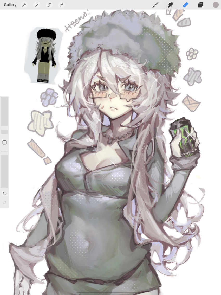 ! 1girl animification art_program_in_frame artist_name avatar_(roblox) blue_eyes breasts can cleavage commentary covered_navel envelope frown fur_hat glasses grey_hair grey_headwear grey_pants grey_shirt hair_between_eyes hat highres holding holding_can long_hair medium_breasts monster_energy pants papakha procreate_(medium) procreate_(software) reference_inset roblox shirt solo star_(symbol) sweatdrop symbol-only_commentary ttzewo upper_body v-shaped_eyebrows very_long_hair