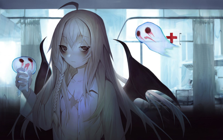 2019 black_wings blonde_hair braided_hair brown_eyes detailed_background digital_media_(artwork) female ghost group hair half-closed_eyes holding_character hospital humanoid inside long_hair membrane_(anatomy) membranous_wings narrowed_eyes pale_skin rofortyseven shaded spirit standing trio winged_humanoid wings