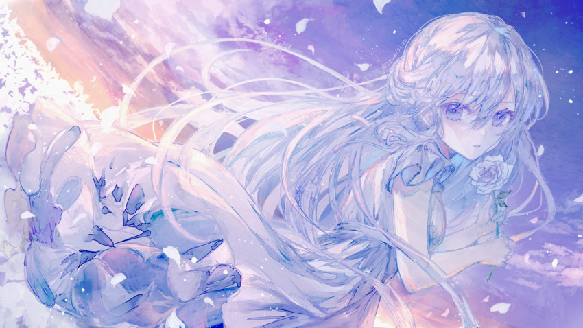 1girl breasts commission dusk dutch_angle falling_petals flower holding holding_flower leaf light_particles long_hair looking_at_viewer medium_breasts mishiro_(iromishiro) original outdoors parted_lips petals purple_eyes purple_flower purple_hair purple_rose purple_sky purple_theme rose short_sleeves skeb_commission sky solo
