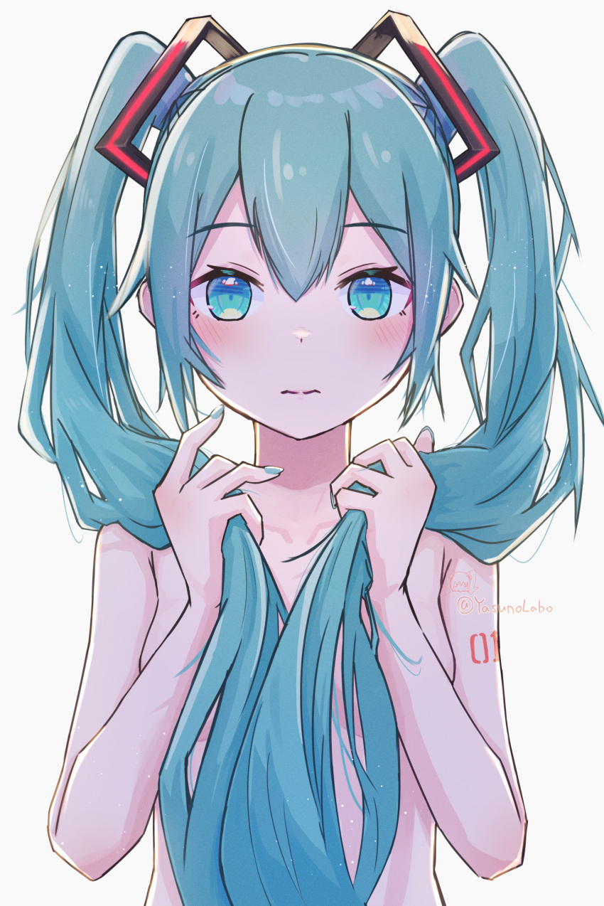 1girl blue_eyes blue_hair blush breasts hair_ornament hatsune_miku highres holding holding_hair long_hair looking_at_viewer nail_polish nude small_breasts solo twintails very_long_hair vocaloid yasuno-labo