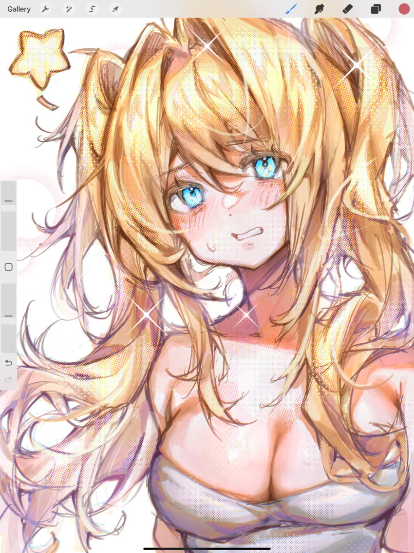 1girl art_program_in_frame bare_shoulders blonde_hair breasts cleavage collarbone commentary disgust dress glint hair_intakes highres long_hair looking_at_viewer original portrait procreate_(medium) procreate_(software) shirt solo star_(symbol) strapless strapless_shirt symbol-only_commentary ttzewo twintails very_long_hair white_background white_dress