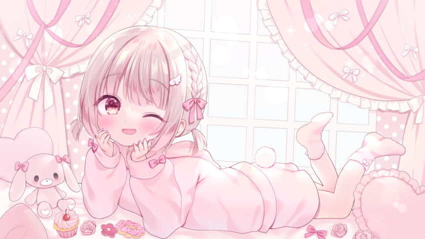 1girl blush bow braid cherry commission cupcake curtains doughnut flower food fruit hair_bow hands_on_own_face heart heart-shaped_pillow hood hoodie lying nail_polish nanase_(ribonshitoron) on_stomach one_eye_closed open_mouth original pajamas pillow pink_bow pink_curtains pink_eyes pink_flower pink_footwear pink_hair pink_hoodie pink_pajamas pink_ribbon pink_theme pon_de_ring raised_eyebrows ribbon short_twintails shorts side_braid skeb_commission socks stuffed_animal stuffed_rabbit stuffed_toy twintails window wing_hair_ornament