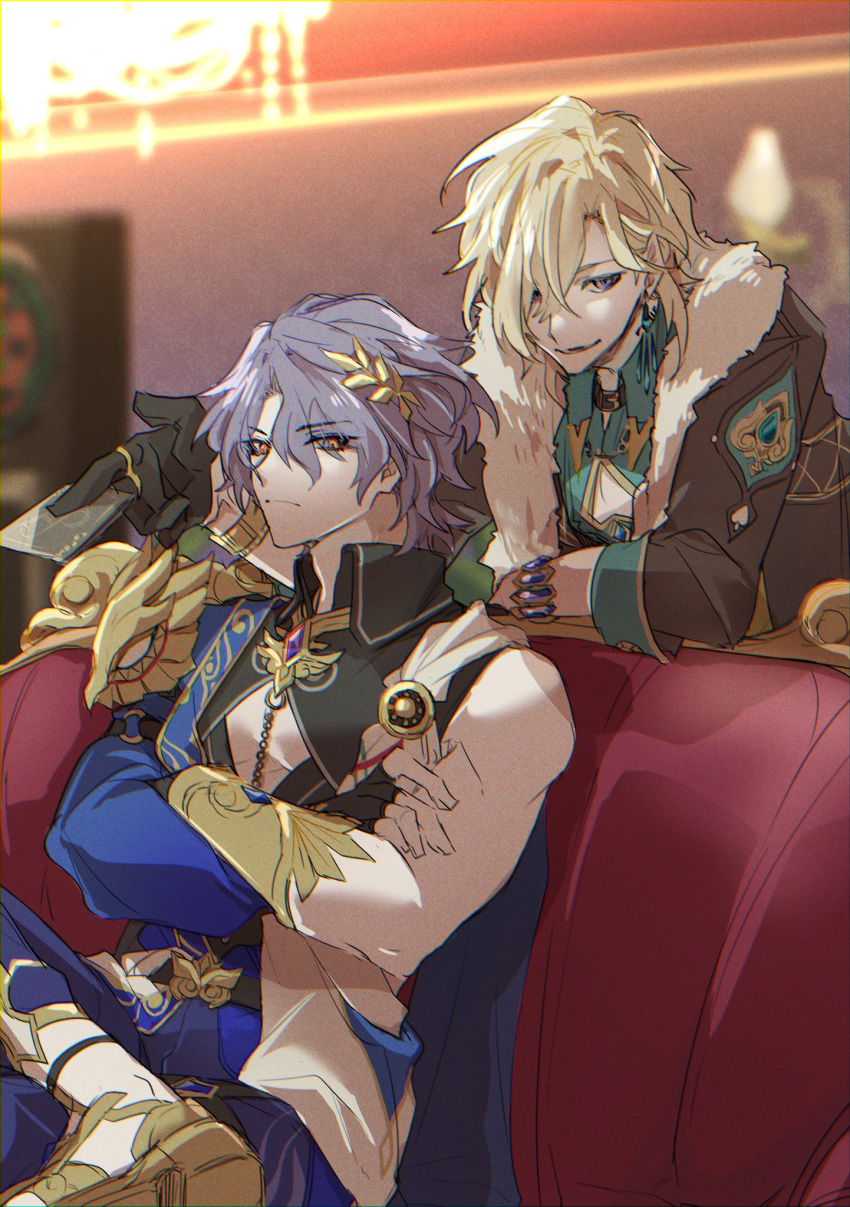 2boys aqua_shirt aventurine_(honkai:_star_rail) black_gloves black_shirt blonde_hair blue_hair bracelet closed_mouth clothing_cutout collared_shirt couch crossed_arms dr._ratio_(honkai:_star_rail) earrings fingerless_gloves fur_trim gloves hair_between_eyes hair_ornament hair_over_one_eye highres honkai:_star_rail honkai_(series) indoors jewelry kouno3tori looking_at_viewer male_focus multiple_boys on_couch pectoral_cleavage pectorals shirt short_hair sitting