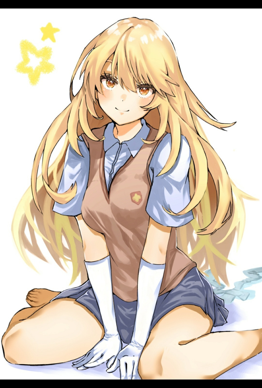 1girl barefoot between_legs blonde_hair breasts brown_sweater_vest closed_mouth collared_shirt commentary elbow_gloves gloves grey_skirt hair_between_eyes hand_between_legs highres long_hair looking_at_viewer medium_breasts miniskirt school_emblem school_uniform shirt shokuhou_misaki short_sleeves simple_background sitting skirt smile solo sparkling_eyes star_(symbol) summer_uniform sweater_vest toaru_kagaku_no_mental_out toaru_kagaku_no_railgun toaru_majutsu_no_index tokiwadai_school_uniform v-neck very_long_hair white_gloves white_shirt yamada_(iroha97151188) yellow_eyes