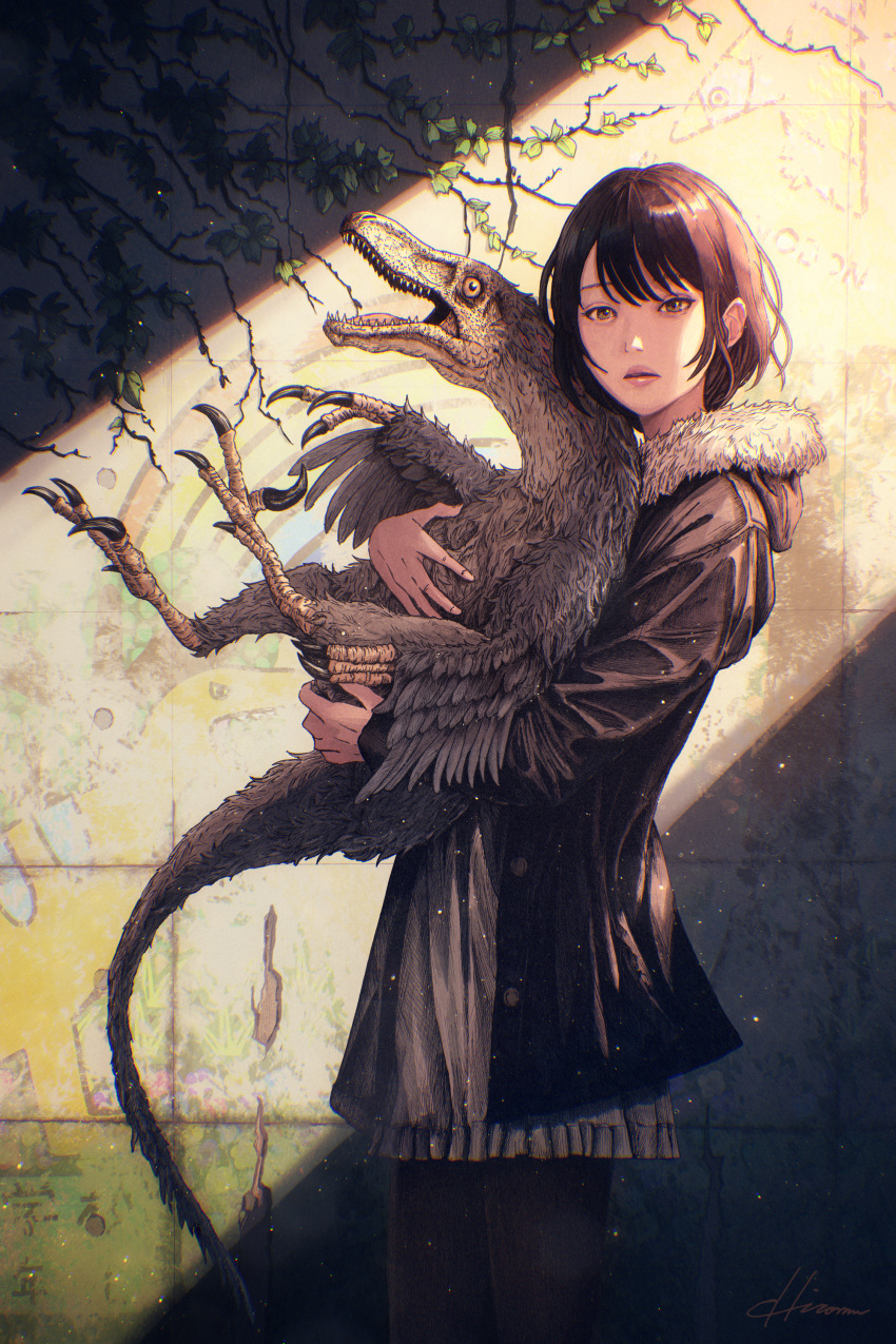 1girl absurdres animal black_thighhighs brown_eyes brown_hair claws commentary cowboy_shot dinosaur dress english_text expressionless feathered_dinosaur feathered_wings fur-trimmed_jacket fur_trim graffiti grey_dress highres hiromumaru holding holding_animal hood hood_down hooded_jacket jacket light_particles looking_at_viewer open_clothes open_jacket open_mouth original parted_lips plant prehistoric_animal rainbow sharp_teeth short_hair signature solo standing swept_bangs talons teeth thighhighs tile_wall tiles tongue velociraptor vines wings