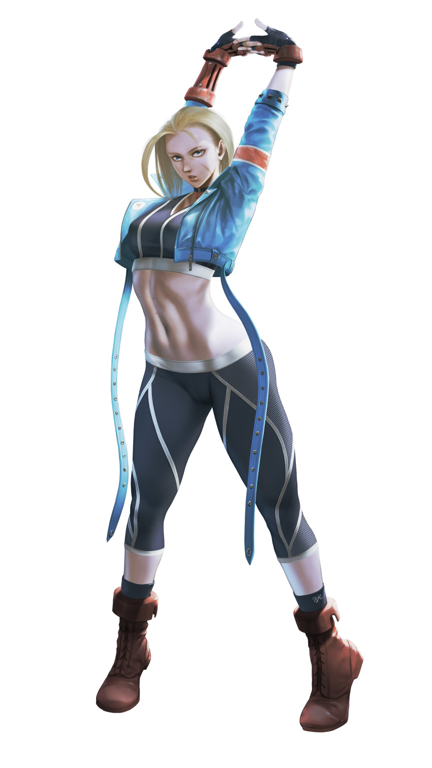 1girl 21yc_(september_breeze) absurdres black_pants black_sports_bra blonde_hair blue_eyes blue_jacket breasts cammy_white cropped_jacket fingerless_gloves gloves highres jacket large_breasts midriff navel pants parted_lips red_footwear scar scar_on_face simple_background solo sports_bra stomach street_fighter stretching tachi-e white_background yoga_pants