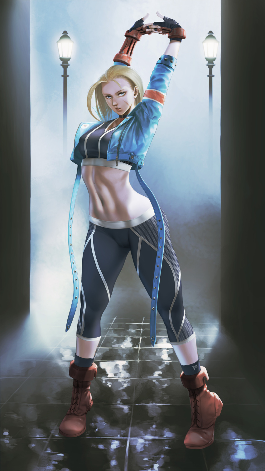 1girl 21yc_(september_breeze) absurdres alley black_pants black_sports_bra blonde_hair blue_eyes blue_jacket breasts cammy_white cropped_jacket fingerless_gloves gloves highres jacket lamppost large_breasts midriff navel pants parted_lips red_footwear scar scar_on_face simple_background solo sports_bra stomach street_fighter stretching white_background yoga_pants