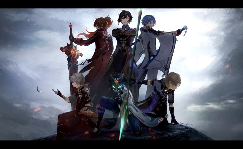 6+boys absurdres albedo_(genshin_impact) anna_(drw01) armor artist_name bandaged_arm bandaged_hand bandages bead_necklace beads black_gloves black_pants blue_hair blue_pants brown_coat brown_eyes brown_shorts chain closed_eyes closed_mouth cloud cloudy_sky coat coattails collared_shirt commentary_request detached_sleeves diluc_(genshin_impact) diluc_(red_dead_of_night)_(genshin_impact) earrings fighting_stance fingerless_gloves floating_hair genshin_impact gloves glowing glowing_eyes gold_trim green_hair hair_between_eyes half_updo hand_up haori high_ponytail highres holding holding_sword holding_weapon hood hood_down hooded_coat horned_mask jacket japanese_armor japanese_clothes jewelry kaedehara_kazuha kamisato_ayato kimono leaf leaf_print letterboxed light_brown_hair long_hair long_sleeves looking_at_viewer low_ponytail male_focus maple_leaf_print mask medium_hair motion_blur multiple_boys necklace on_one_knee outdoors pants parted_bangs parted_lips pelvic_curtain polearm pom_pom_(clothes) ponytail primordial_jade_winged-spear_(genshin_impact) profile red_coat red_eyes red_hair shirt short_sleeves shorts shoulder_armor sidelocks sideways_glance single_detached_sleeve single_earring single_sode sky sleeve_cuffs sode standing sword tassel tassel_earrings vision_(genshin_impact) weapon white_coat white_hair white_jacket white_kimono white_pants white_shirt wide_sleeves wing_collar wolf's_gravestone_(genshin_impact) xiao_(genshin_impact) zhongli_(genshin_impact)