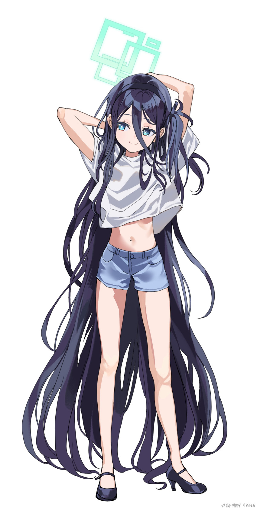 1girl absurdly_long_hair absurdres alternate_costume aris_(blue_archive) black_footwear black_hair blue_archive blue_eyes bright_pupils commentary denim denim_shorts full_body halo hashtag_only_commentary high_heels highres long_hair midriff navel ohw8g one_side_up shirt shorts solo very_long_hair white_pupils white_shirt