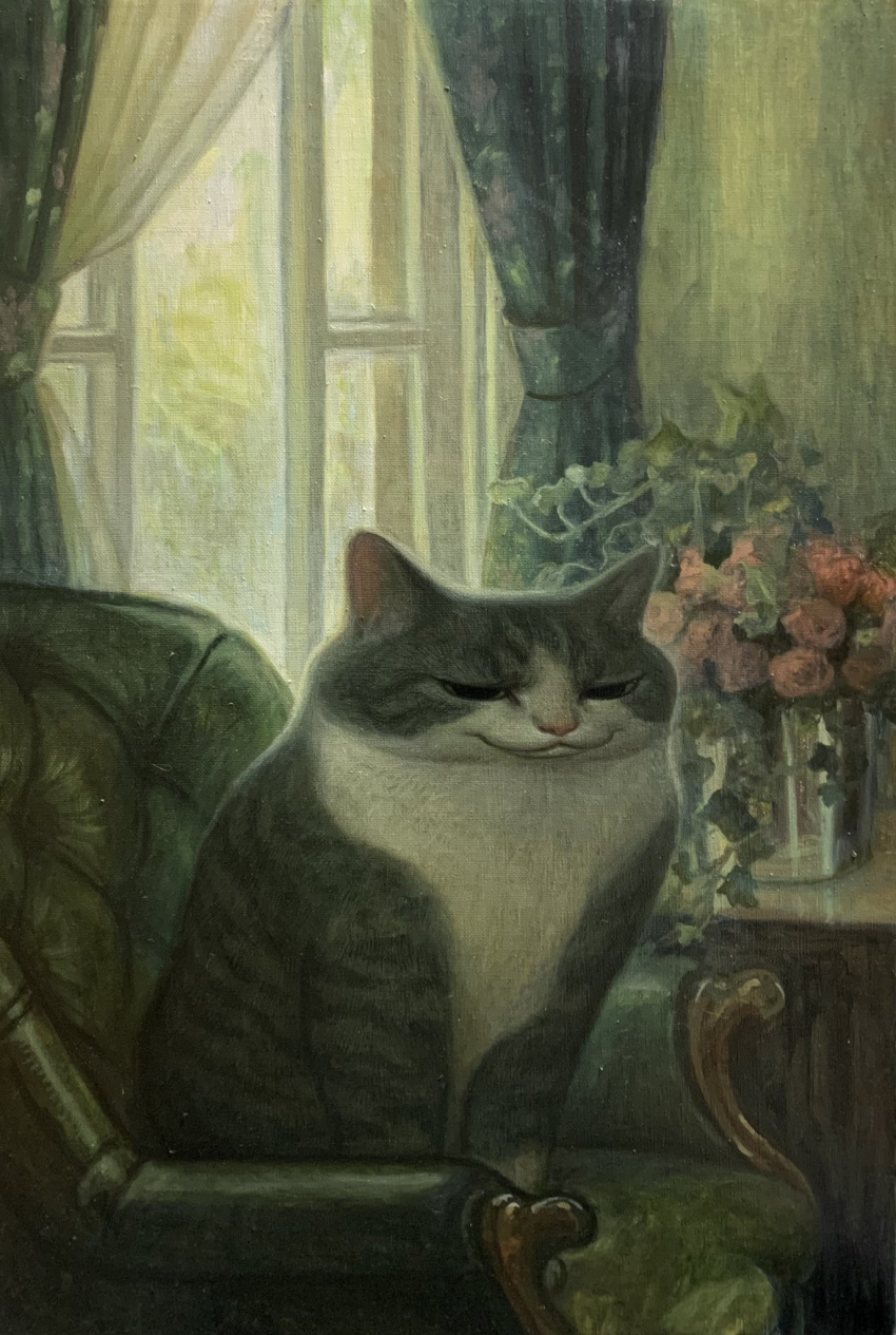 :3 animal animal_focus armchair cat chair closed_mouth commentary curtains flower green_theme highres indoors karin_hosono looking_at_viewer no_humans on_chair open_window original painting_(medium) pink_flower plant realistic sitting table traditional_media vase wide_face window