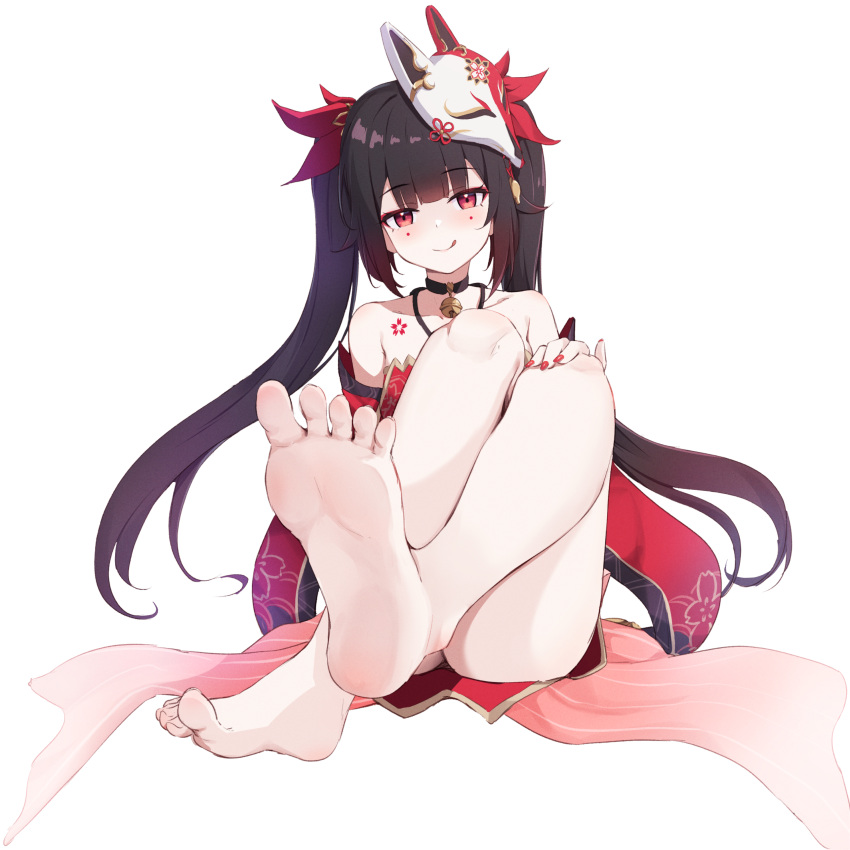 1girl absurdres barefoot bell black_choker black_hair choker commentary_request detached_sleeves dress fox_mask hair_ornament highres honkai:_star_rail honkai_(series) knees_up legs long_hair looking_at_viewer mask mask_on_head miso_(misomiso_154) mole mole_under_each_eye mole_under_eye multiple_moles neck_bell red_dress red_hair simple_background sitting solo sparkle_(honkai:_star_rail) thighs toes twintails white_background