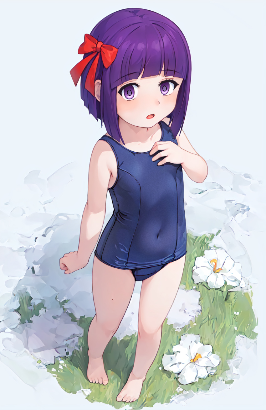 1girl barefoot blue_one-piece_swimsuit covered_navel fern_(sousou_no_frieren) flat_chest flower full_body hair_ribbon hand_on_own_chest highres looking_at_viewer neopure old_school_swimsuit one-piece_swimsuit purple_eyes purple_hair red_ribbon ribbon school_swimsuit short_hair solo sousou_no_frieren standing swimsuit