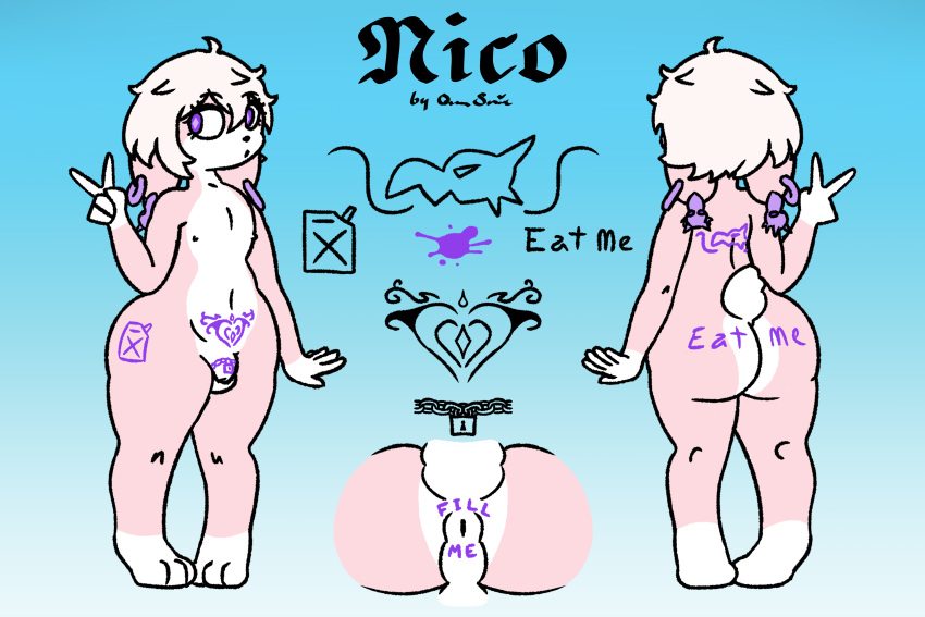 &lt;3 absurd_res anthro anus_tattoo back_tattoo belly butt butt_tattoo ear_piercing ear_ring ears_down feet fur genital_tattoo genitals gesture hair heart_tattoo hi_res lagomorph leg_tattoo leporid lex_charm male mammal nico_(space_wyvern) nude penis penis_tattoo piercing pink_body pink_fur pivoted_ears purple_eyes purple_piercing purple_tattoo queen_susie rabbit ring_piercing scut_tail short_tail skull_tattoo solo tail tattoo thigh_tattoo v_sign white_belly white_body white_cheeks white_chest white_feet white_fur white_hair white_hands white_mouth white_tail womb_tattoo